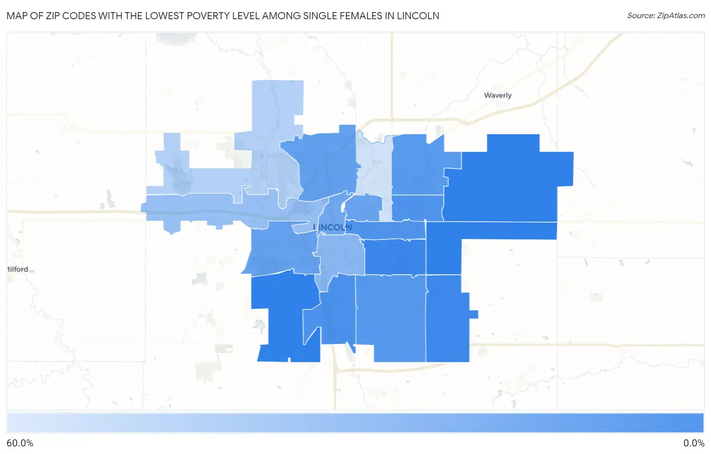 Zip Codes with the Lowest Poverty Level Among Single Females in Lincoln Map