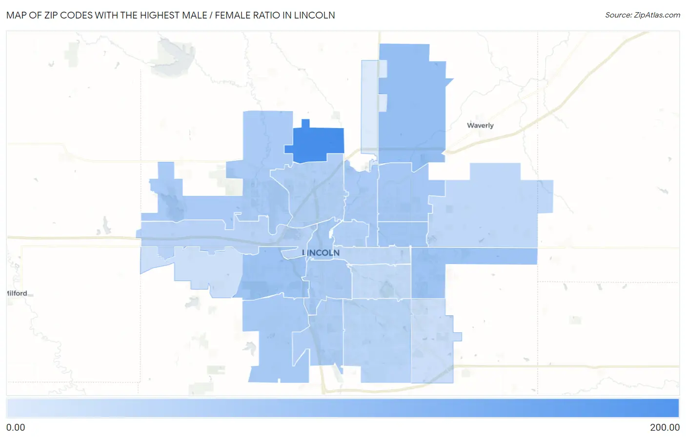 Zip Codes with the Highest Male / Female Ratio in Lincoln Map