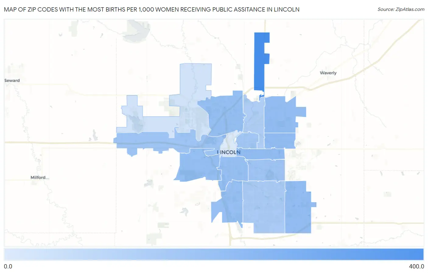 Zip Codes with the Most Births per 1,000 Women Receiving Public Assitance in Lincoln Map