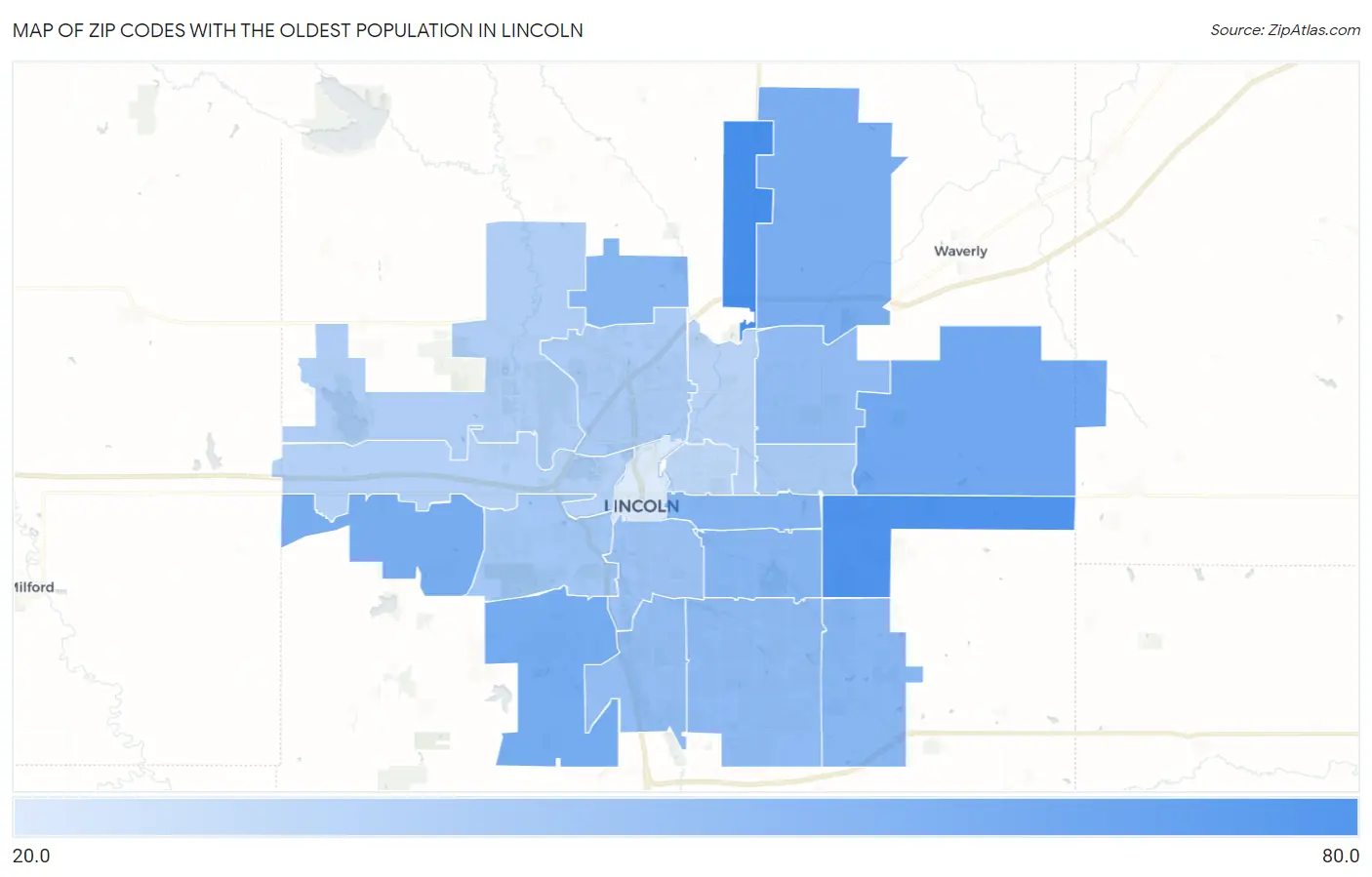 Zip Codes with the Oldest Population in Lincoln Map