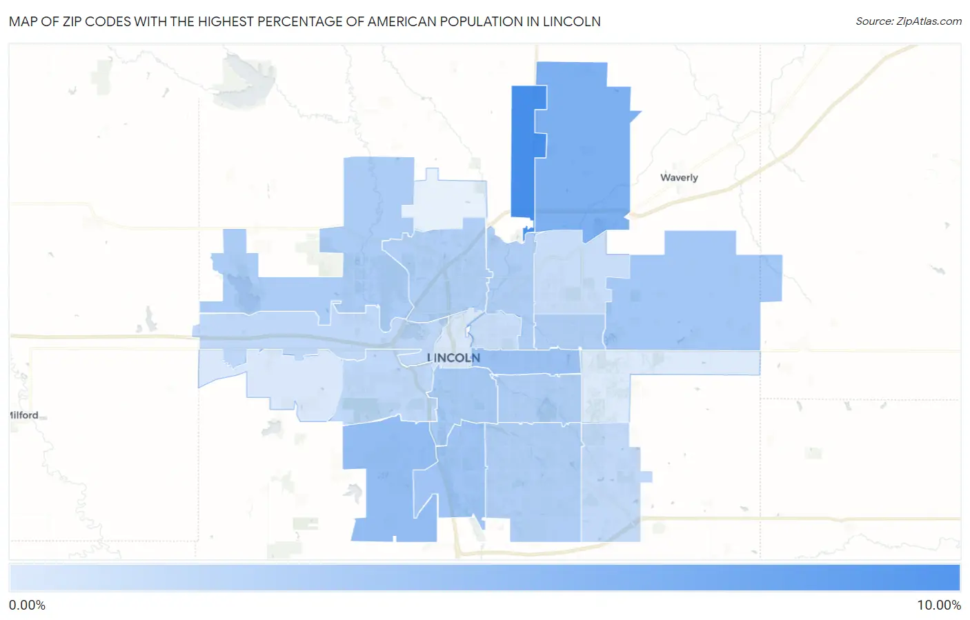 Zip Codes with the Highest Percentage of American Population in Lincoln Map