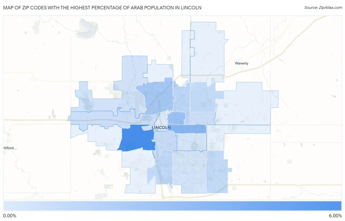 Zip Codes with the Highest Percentage of Arab Population in Lincoln Map