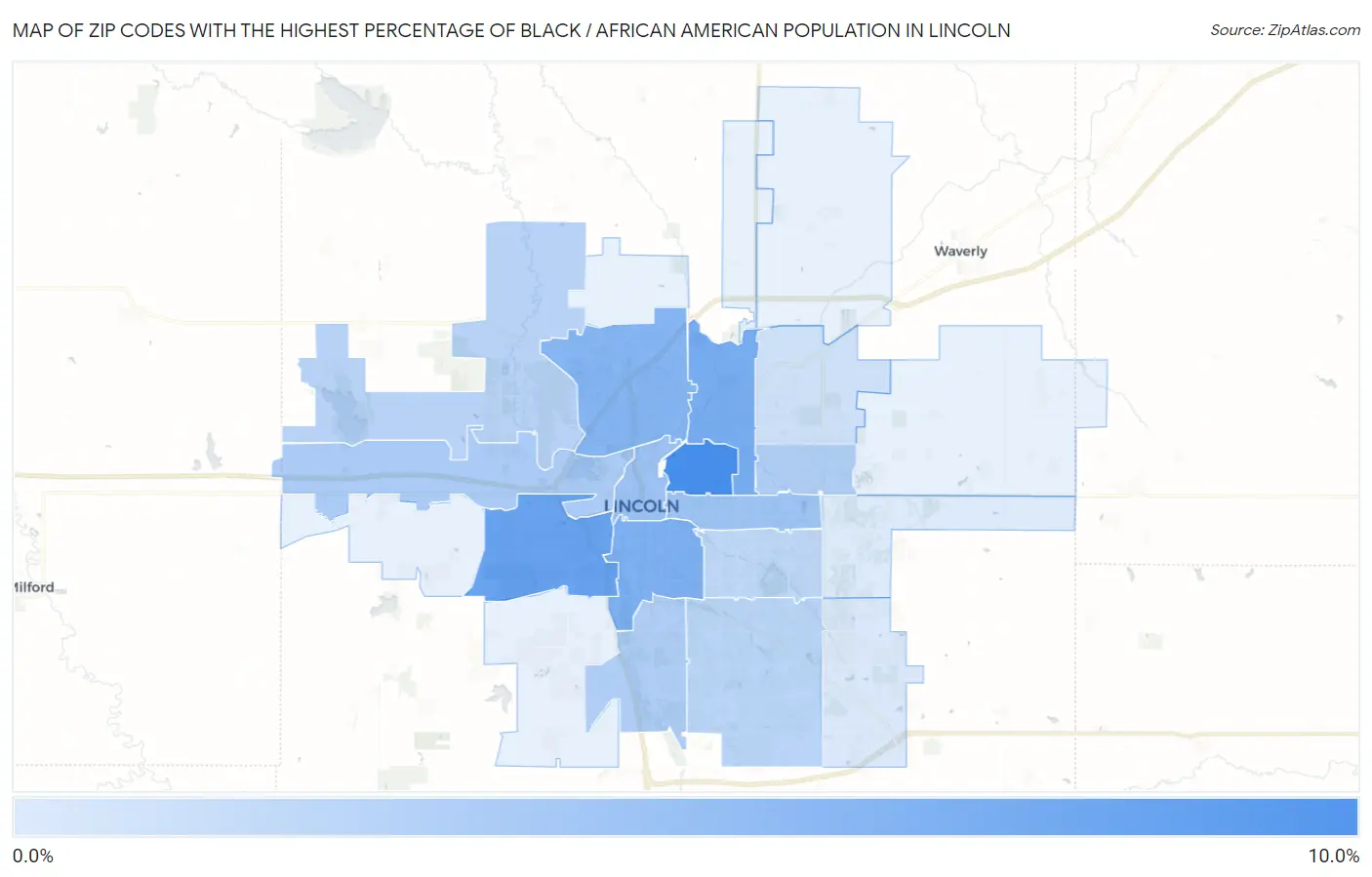 Zip Codes with the Highest Percentage of Black / African American Population in Lincoln Map