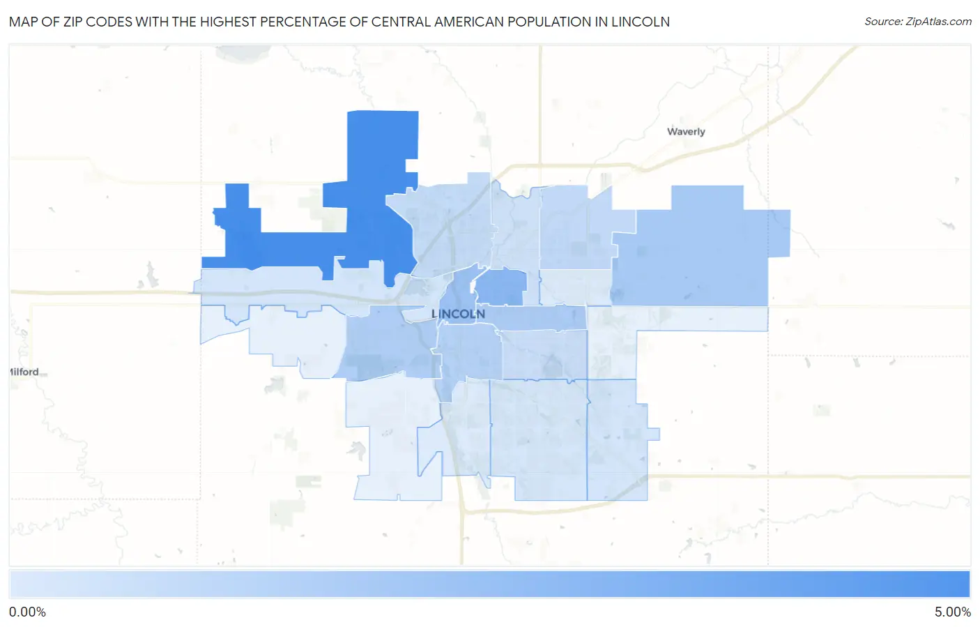 Zip Codes with the Highest Percentage of Central American Population in Lincoln Map