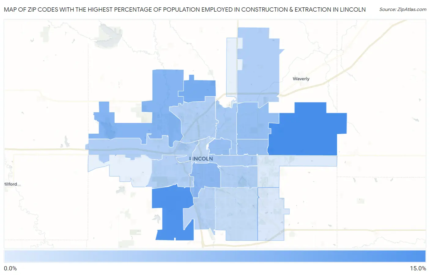 Zip Codes with the Highest Percentage of Population Employed in Construction & Extraction in Lincoln Map