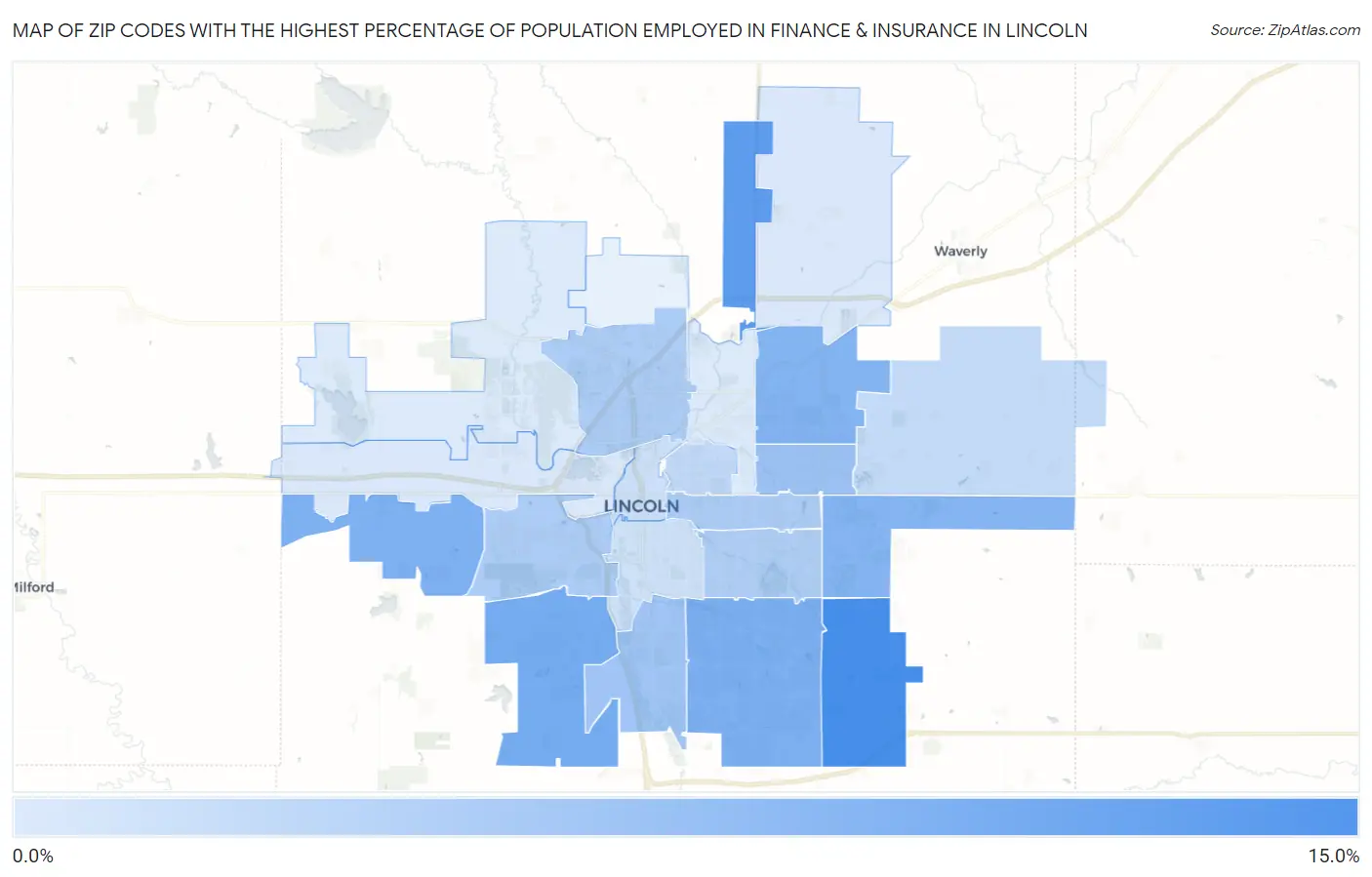 Zip Codes with the Highest Percentage of Population Employed in Finance & Insurance in Lincoln Map