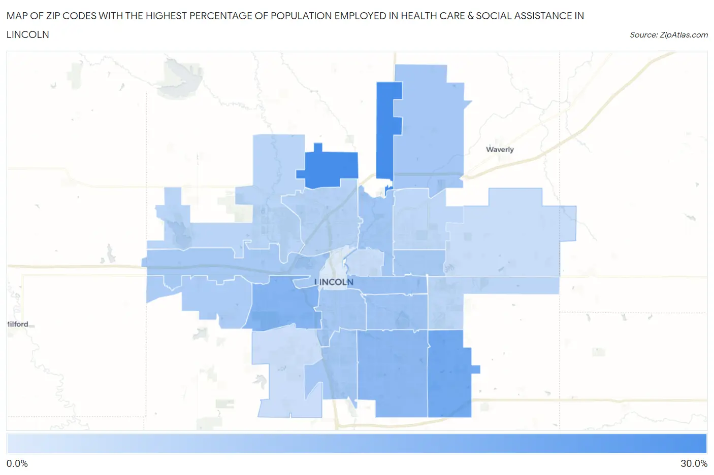 Zip Codes with the Highest Percentage of Population Employed in Health Care & Social Assistance in Lincoln Map