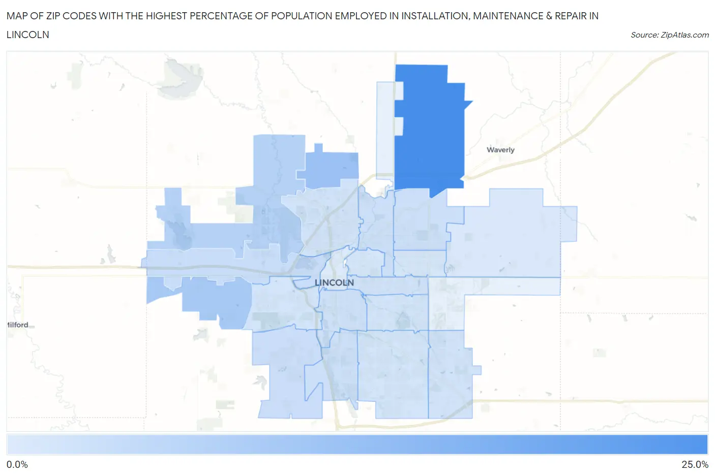 Zip Codes with the Highest Percentage of Population Employed in Installation, Maintenance & Repair in Lincoln Map