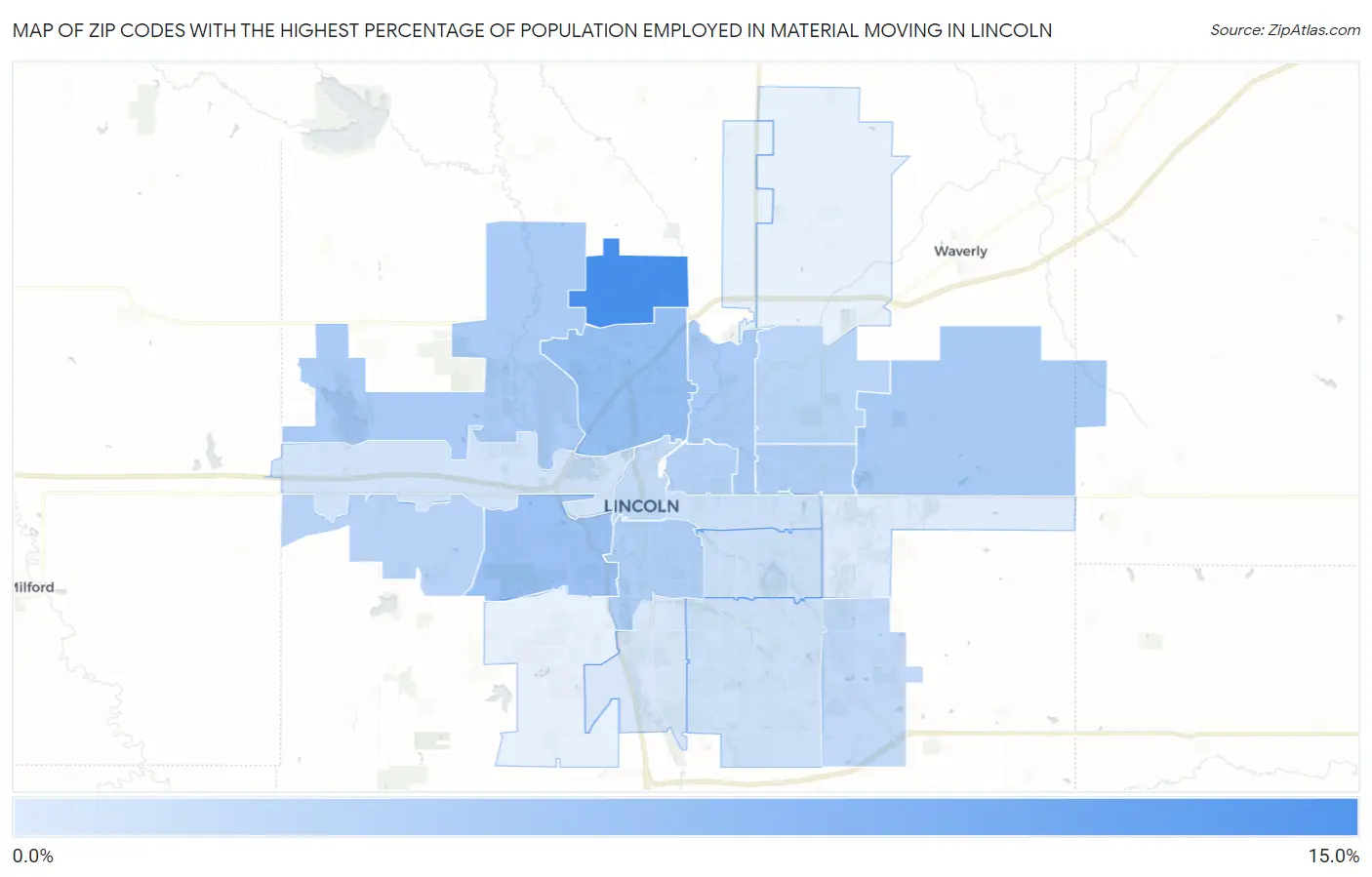 Zip Codes with the Highest Percentage of Population Employed in Material Moving in Lincoln Map