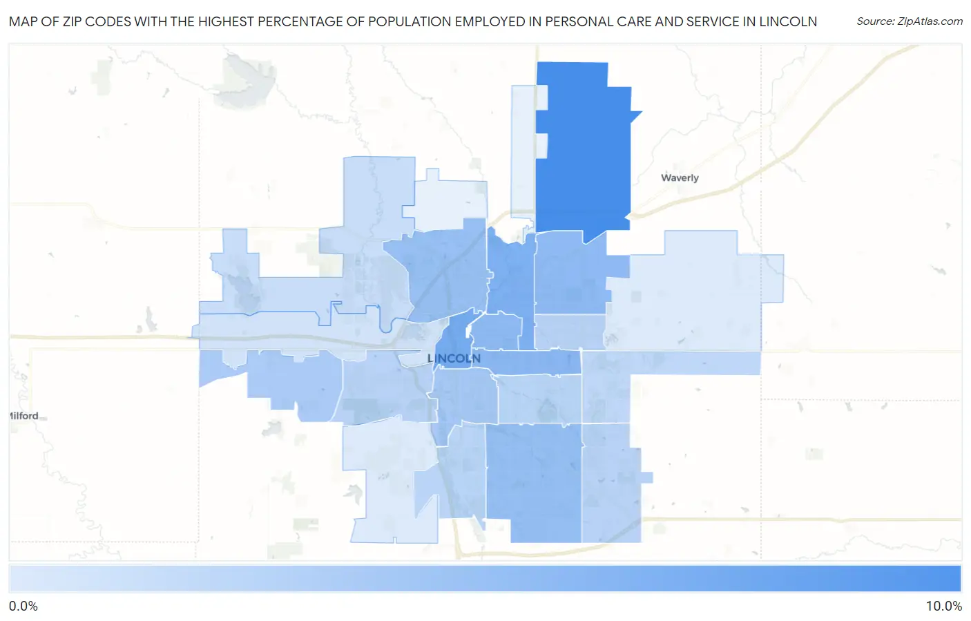 Zip Codes with the Highest Percentage of Population Employed in Personal Care and Service in Lincoln Map