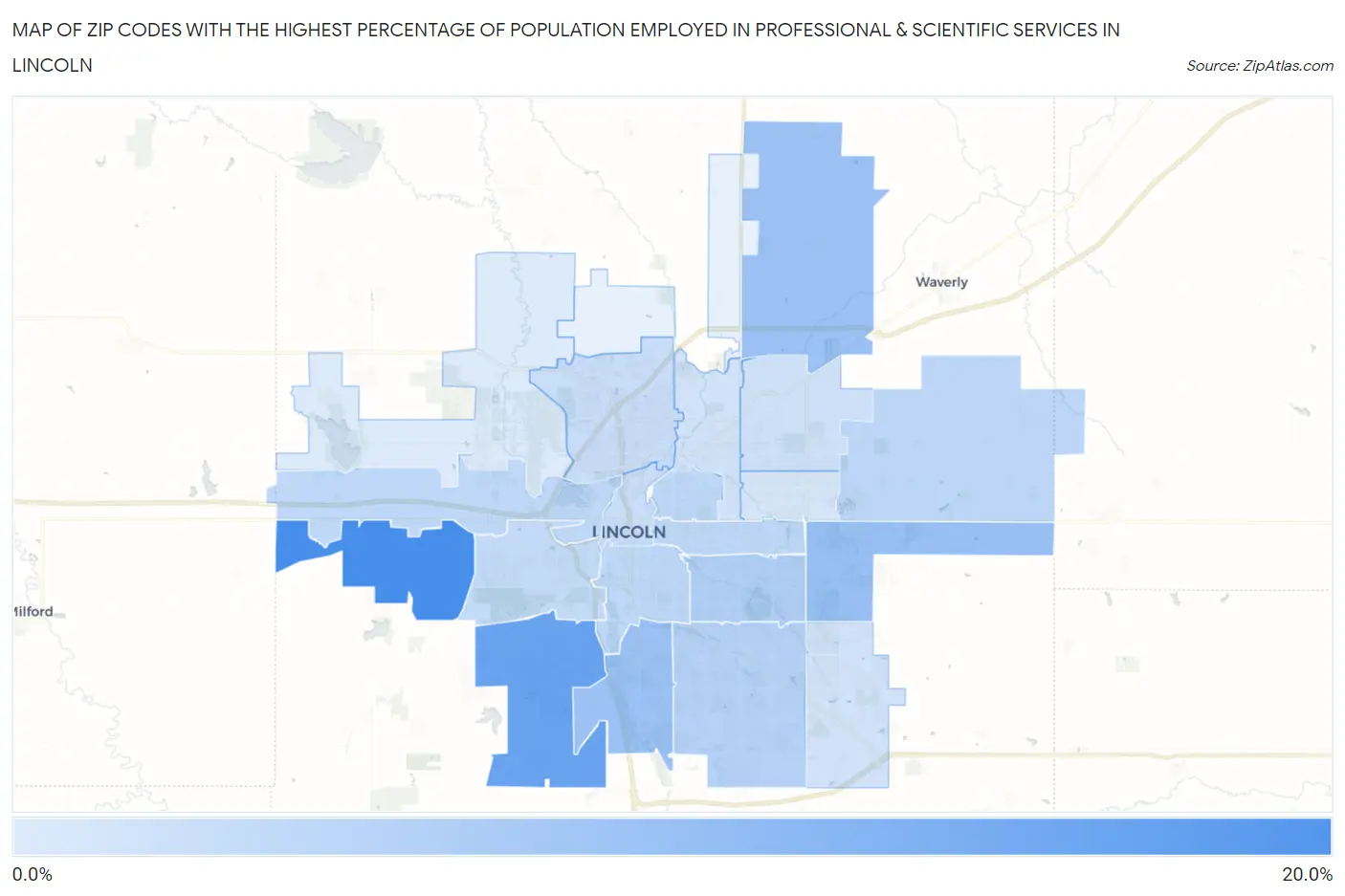 Zip Codes with the Highest Percentage of Population Employed in Professional & Scientific Services in Lincoln Map
