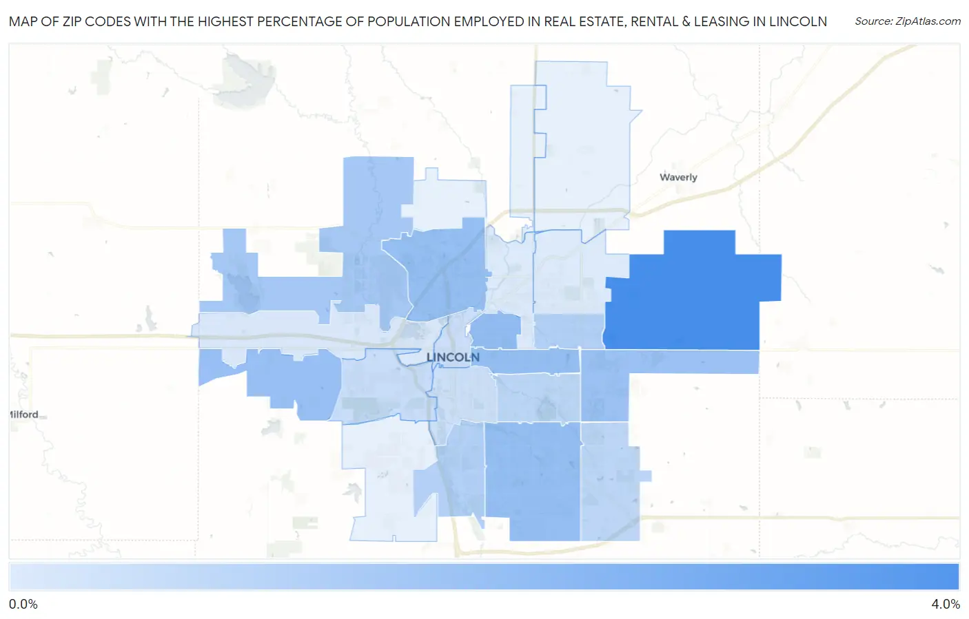 Zip Codes with the Highest Percentage of Population Employed in Real Estate, Rental & Leasing in Lincoln Map