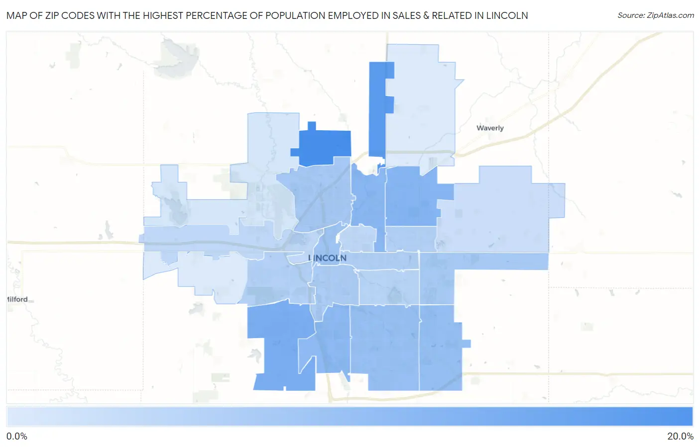 Zip Codes with the Highest Percentage of Population Employed in Sales & Related in Lincoln Map