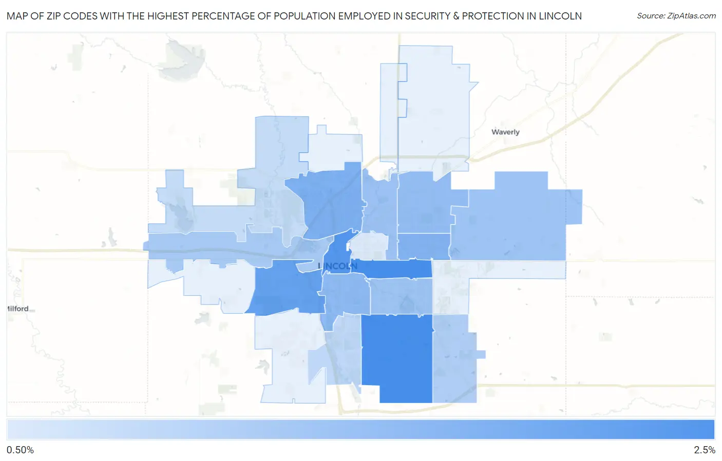 Zip Codes with the Highest Percentage of Population Employed in Security & Protection in Lincoln Map