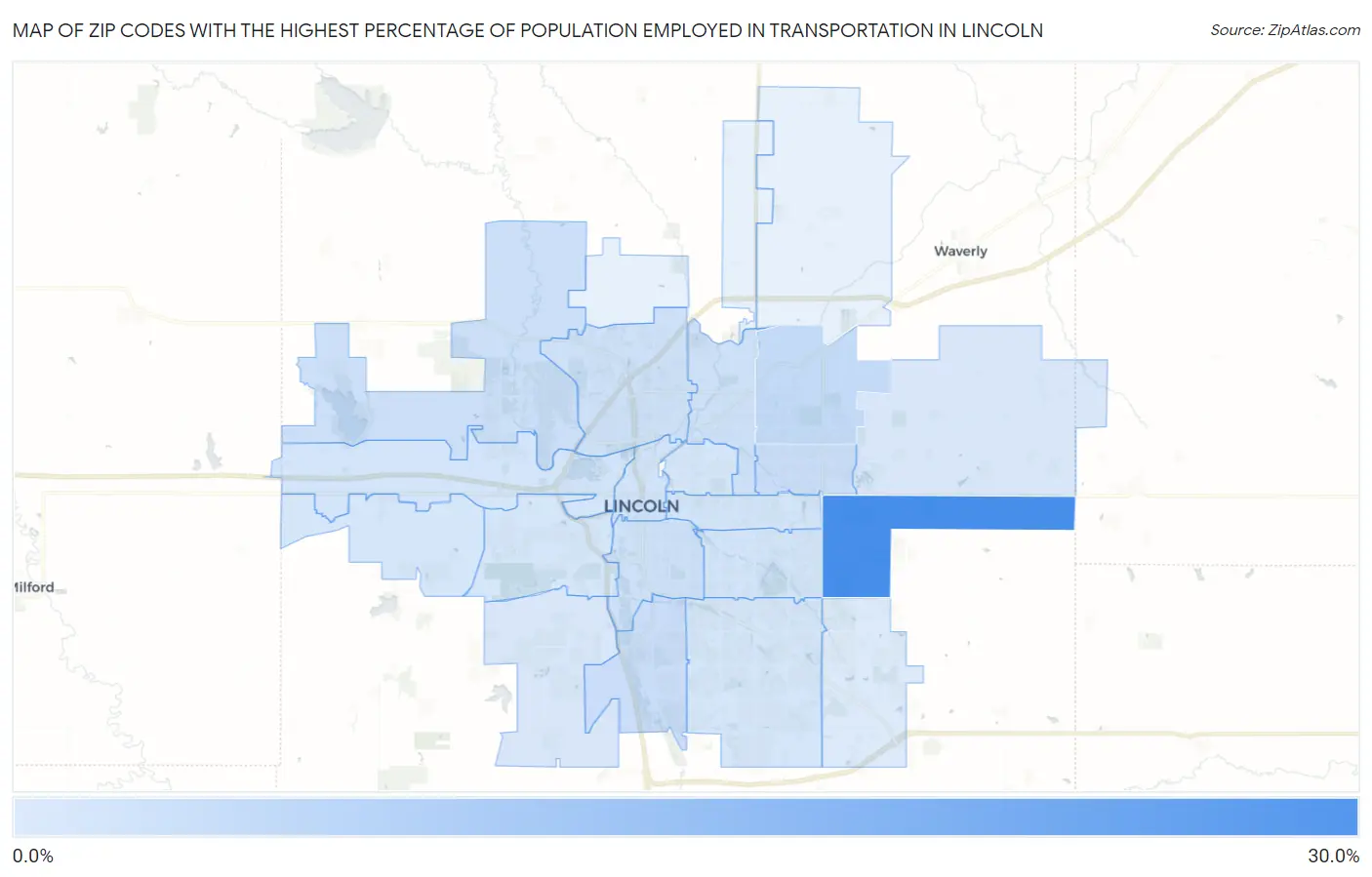 Zip Codes with the Highest Percentage of Population Employed in Transportation in Lincoln Map