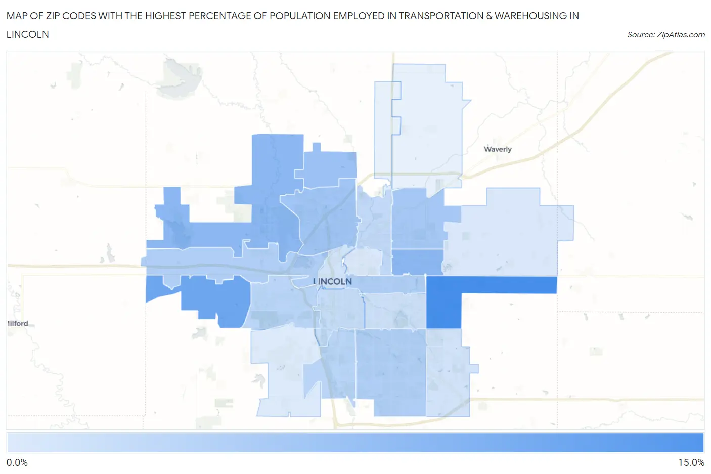 Zip Codes with the Highest Percentage of Population Employed in Transportation & Warehousing in Lincoln Map