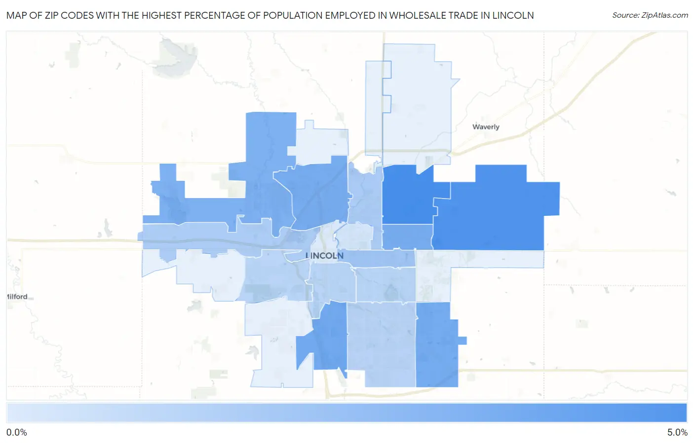 Zip Codes with the Highest Percentage of Population Employed in Wholesale Trade in Lincoln Map