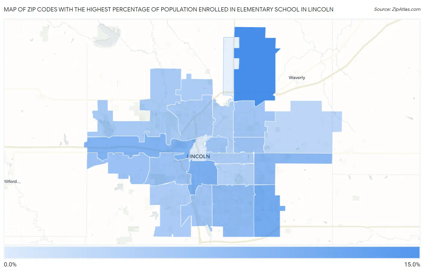 Zip Codes with the Highest Percentage of Population Enrolled in Elementary School in Lincoln Map