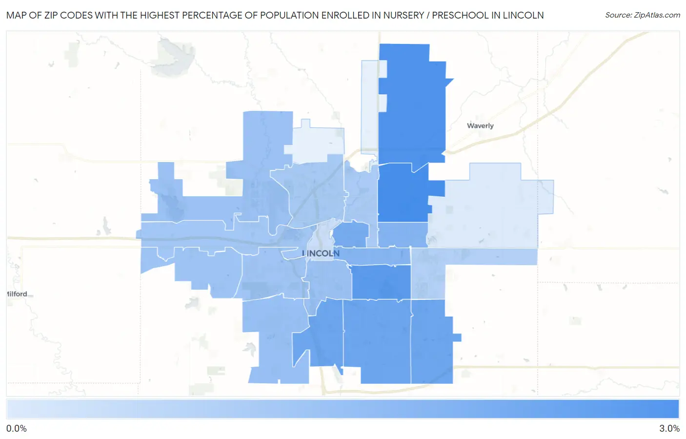 Zip Codes with the Highest Percentage of Population Enrolled in Nursery / Preschool in Lincoln Map