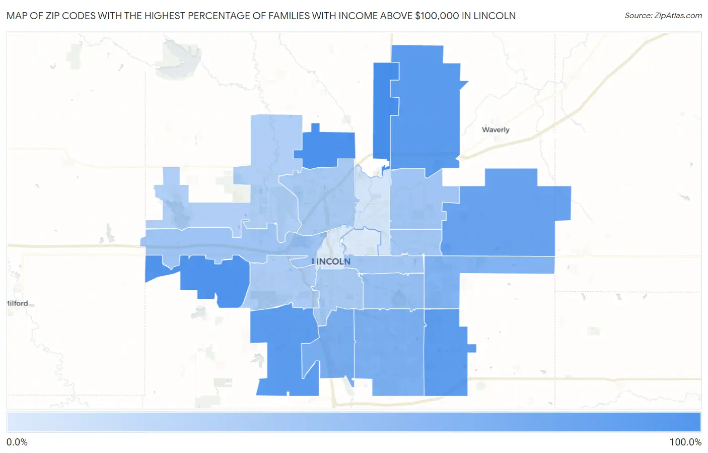 Zip Codes with the Highest Percentage of Families with Income Above $100,000 in Lincoln Map