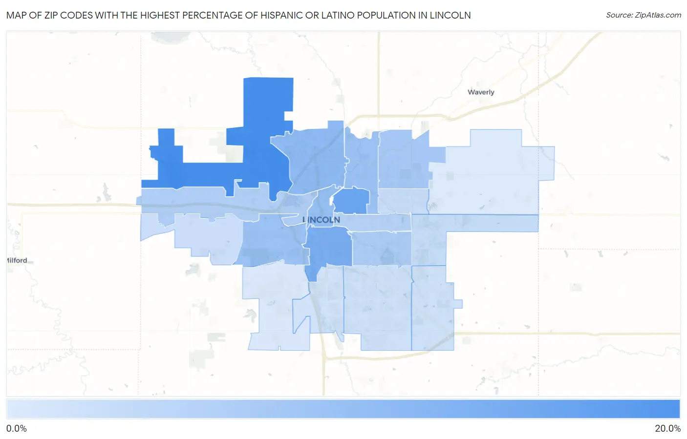 Zip Codes with the Highest Percentage of Hispanic or Latino Population in Lincoln Map