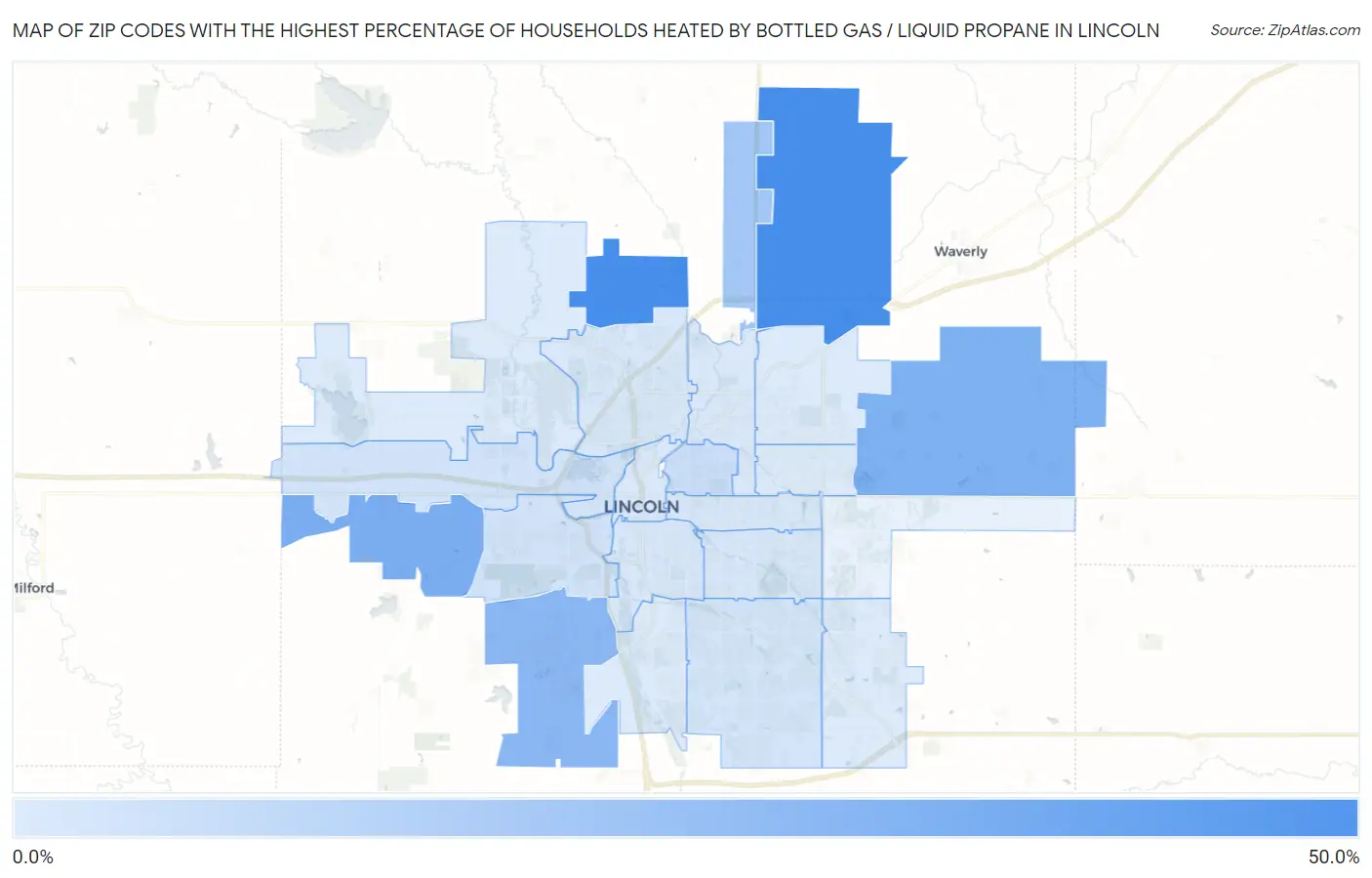 Zip Codes with the Highest Percentage of Households Heated by Bottled Gas / Liquid Propane in Lincoln Map