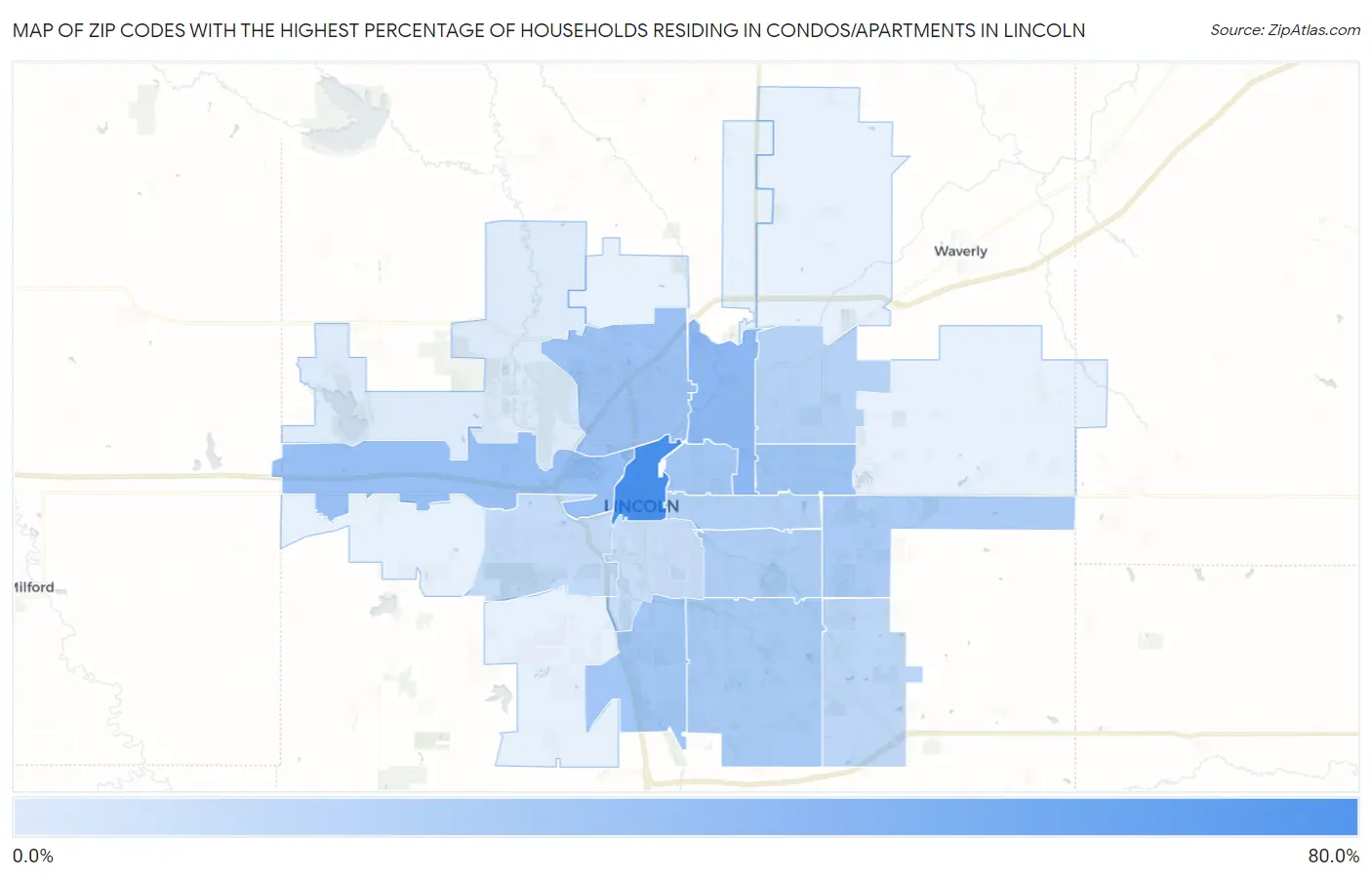 Zip Codes with the Highest Percentage of Households Residing in Condos/Apartments in Lincoln Map