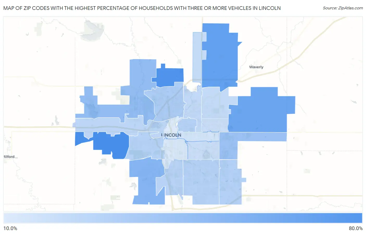 Zip Codes with the Highest Percentage of Households With Three or more Vehicles in Lincoln Map