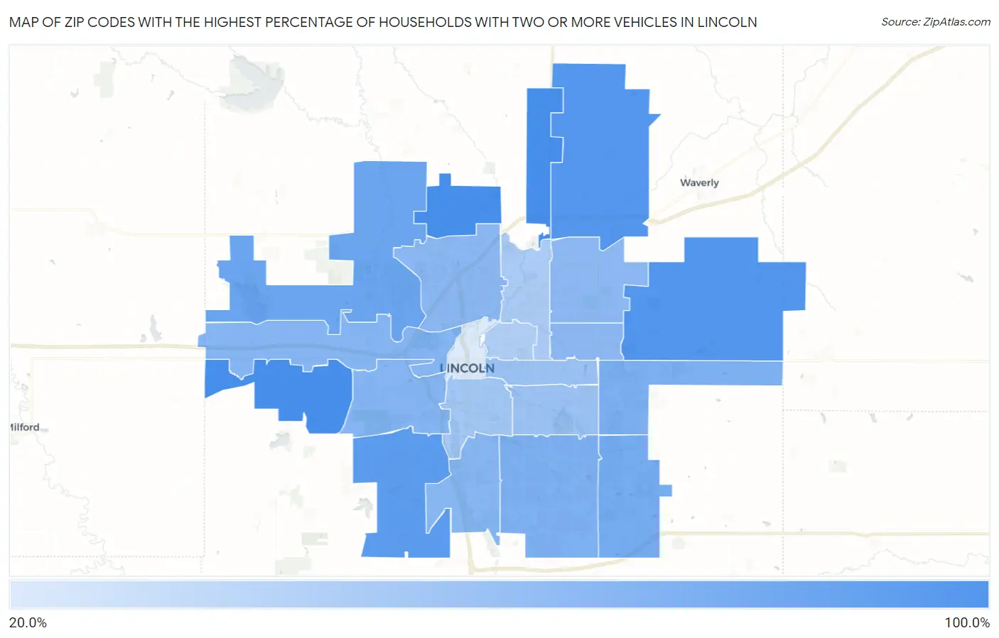 Zip Codes with the Highest Percentage of Households With Two or more Vehicles in Lincoln Map