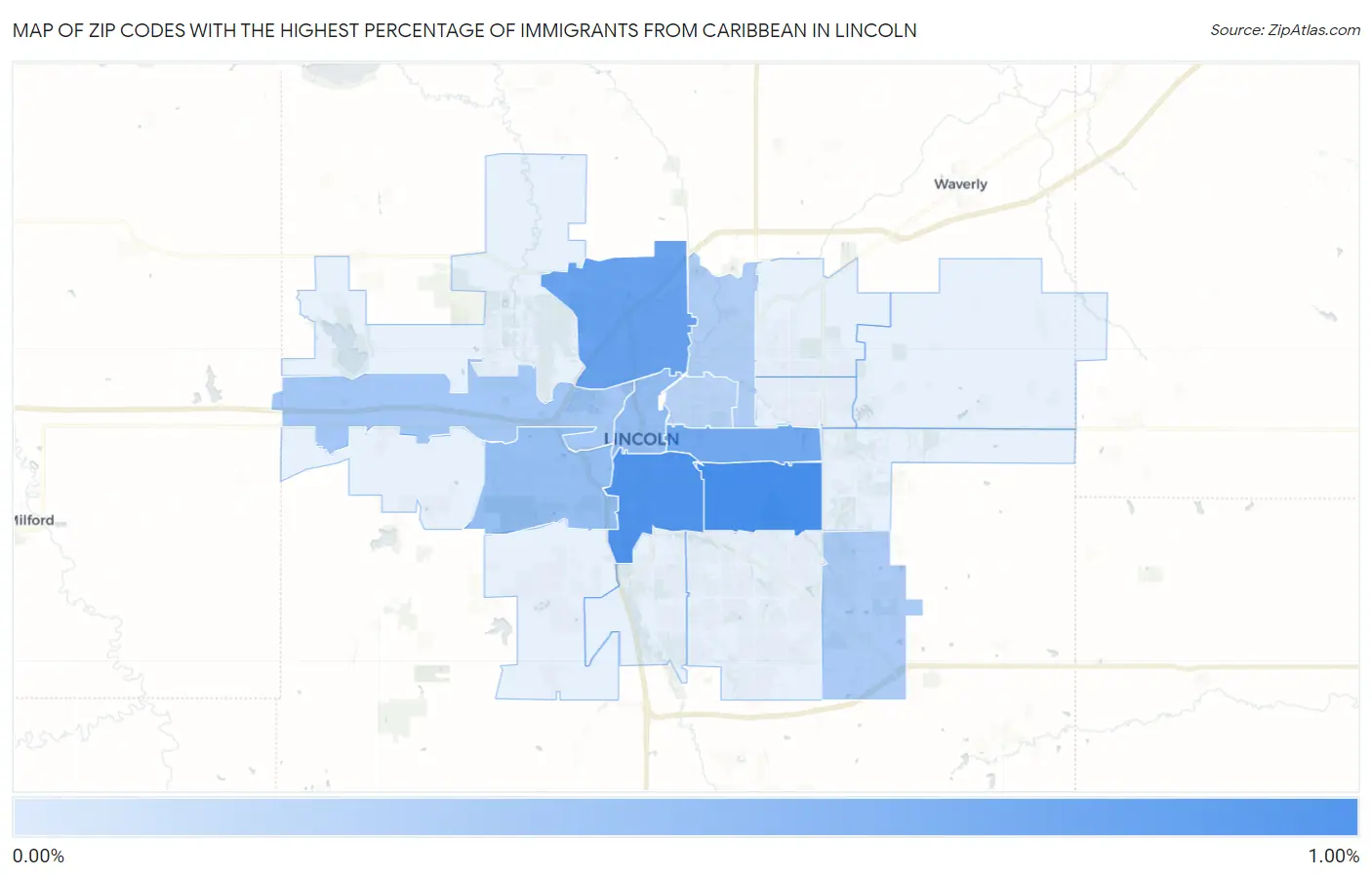 Zip Codes with the Highest Percentage of Immigrants from Caribbean in Lincoln Map