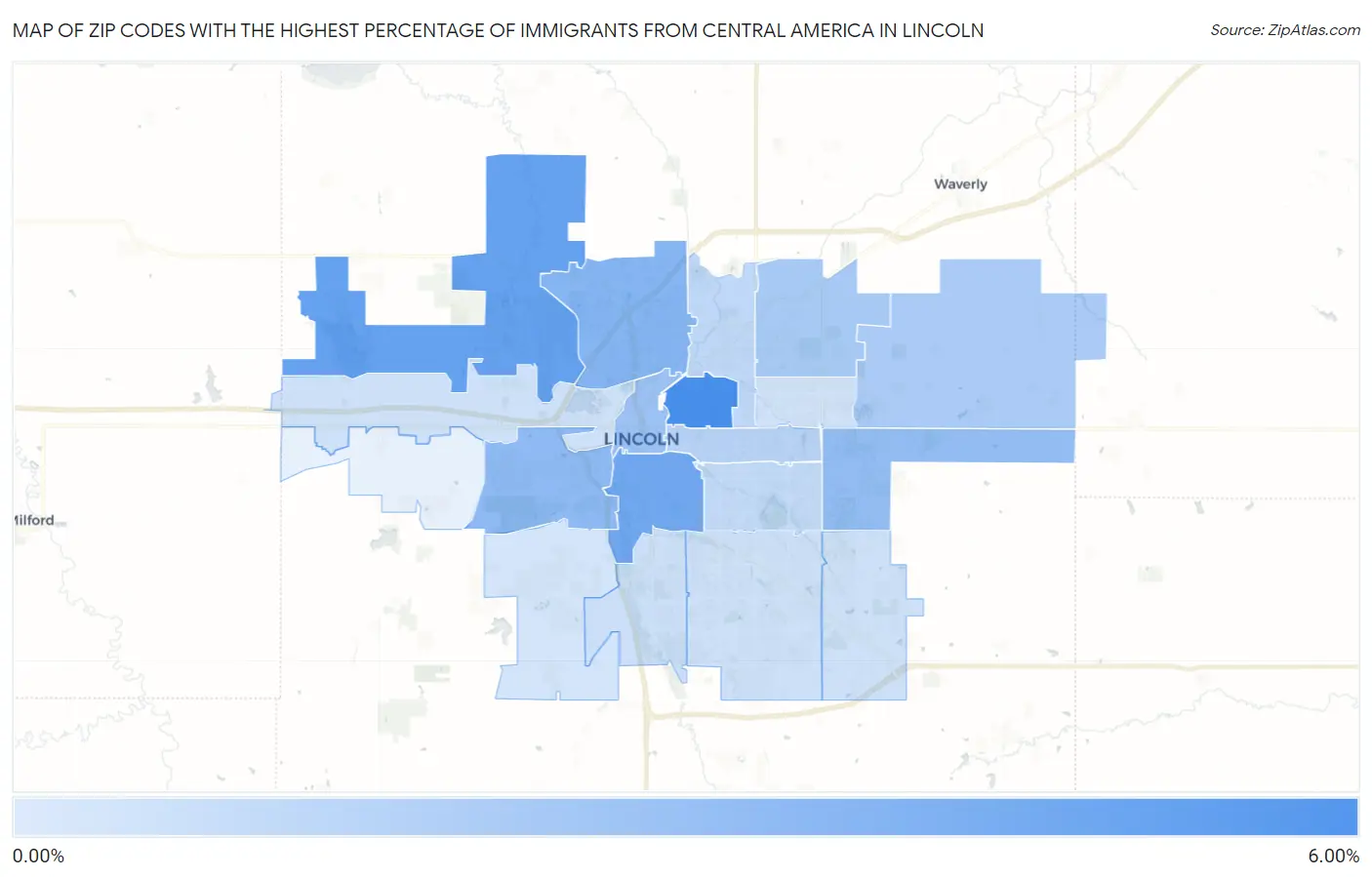 Zip Codes with the Highest Percentage of Immigrants from Central America in Lincoln Map