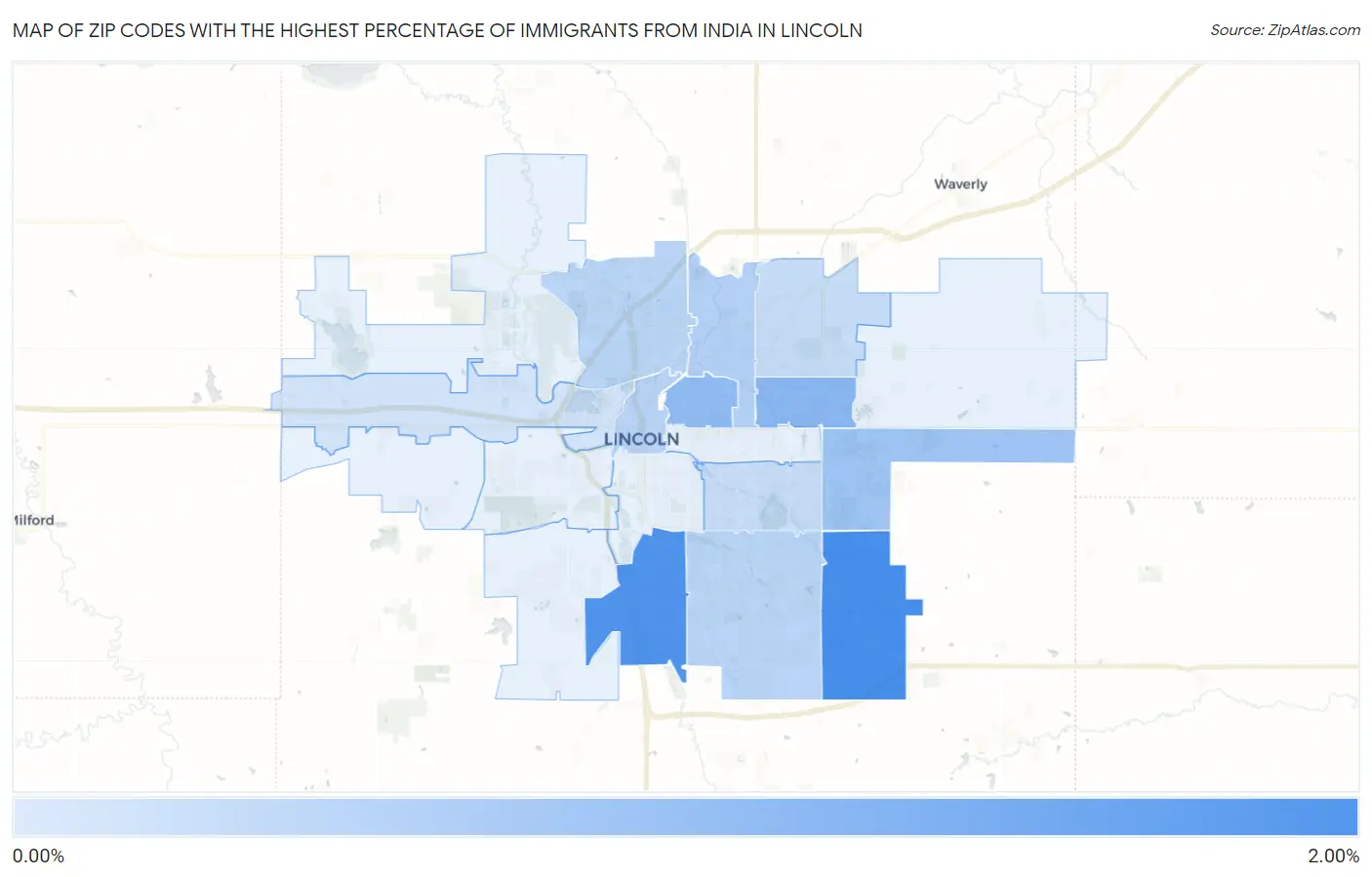 Zip Codes with the Highest Percentage of Immigrants from India in Lincoln Map
