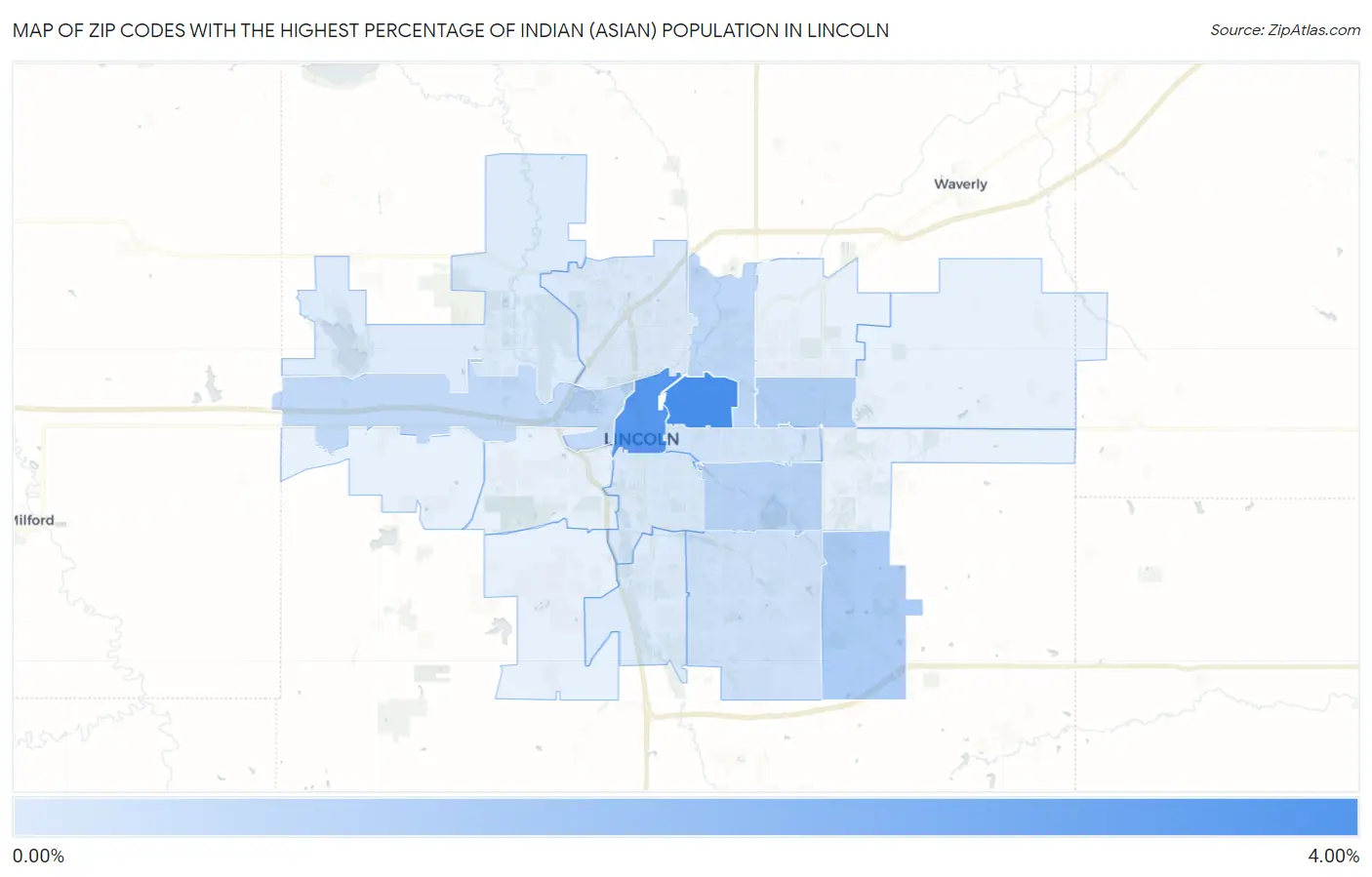 Zip Codes with the Highest Percentage of Indian (Asian) Population in Lincoln Map