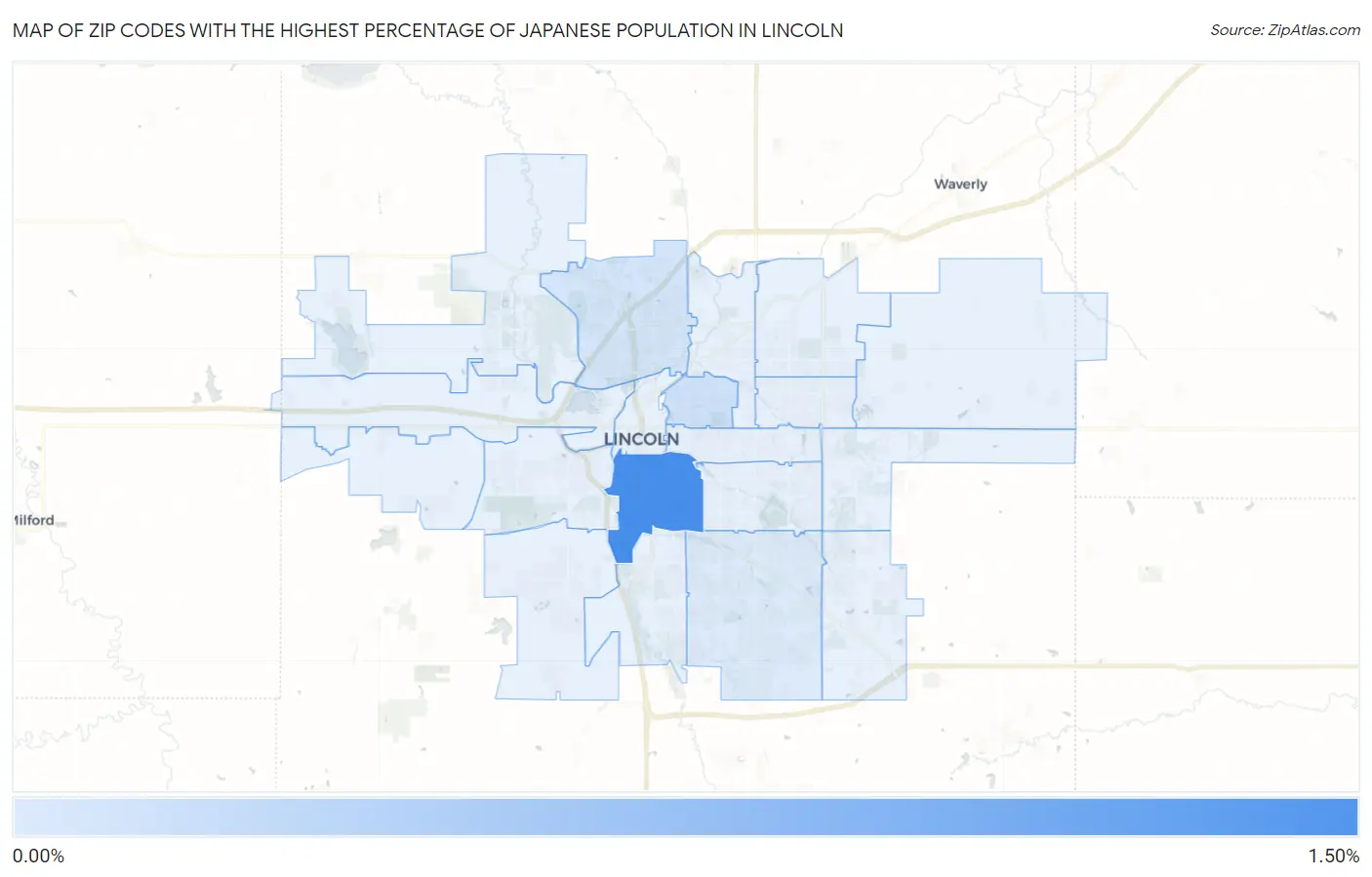 Zip Codes with the Highest Percentage of Japanese Population in Lincoln Map