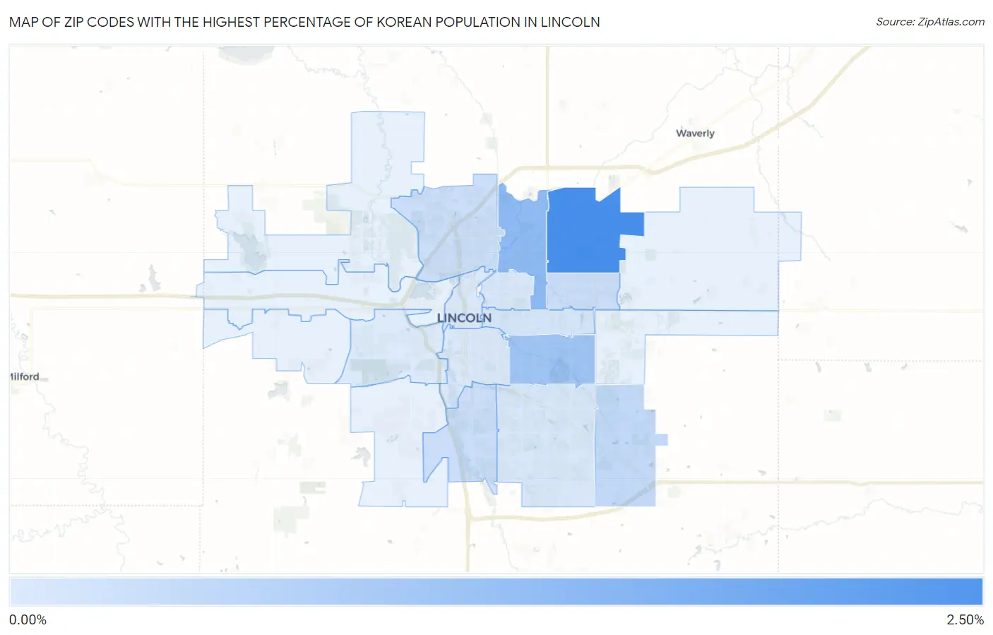 Zip Codes with the Highest Percentage of Korean Population in Lincoln Map