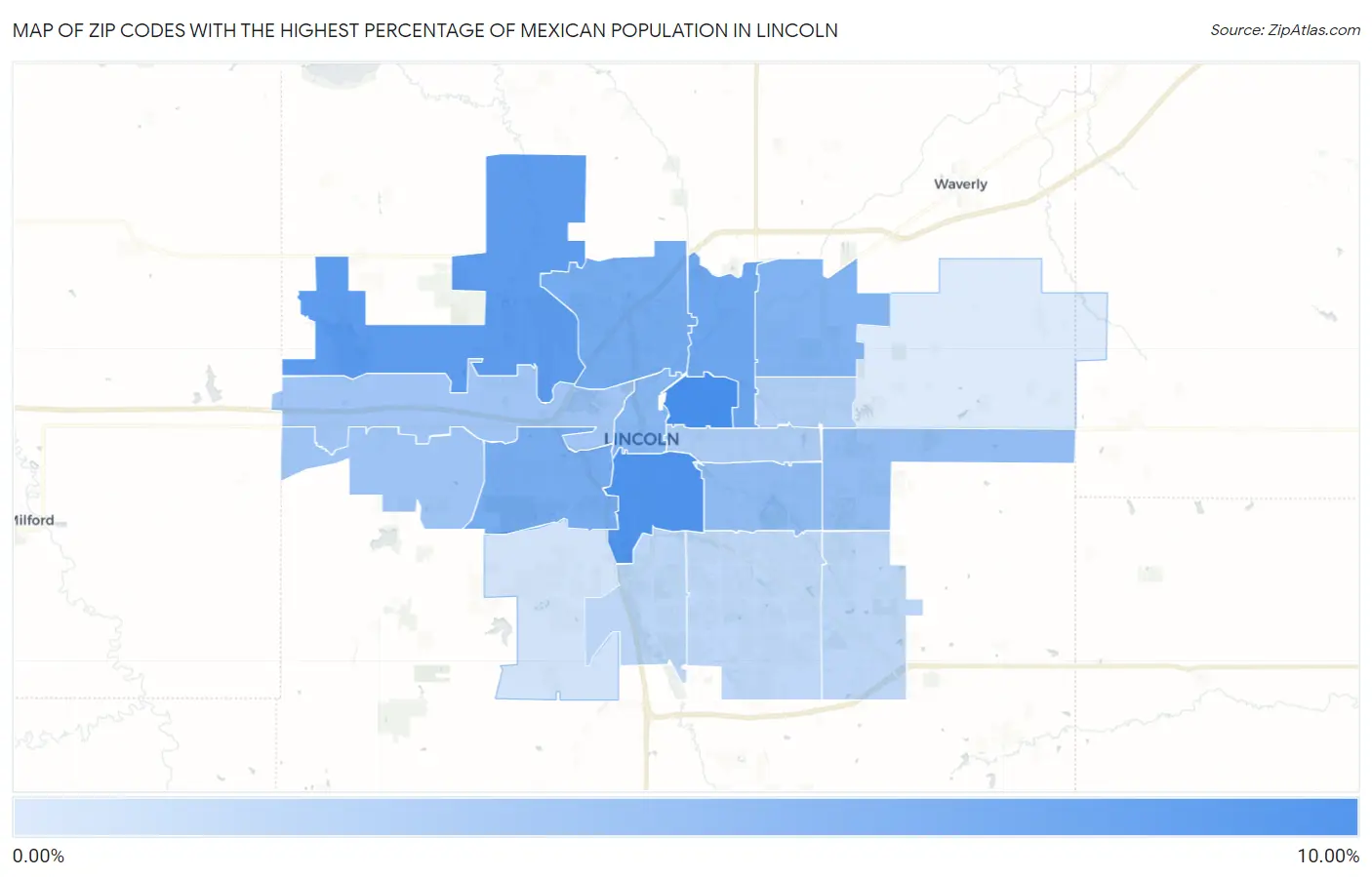 Zip Codes with the Highest Percentage of Mexican Population in Lincoln Map
