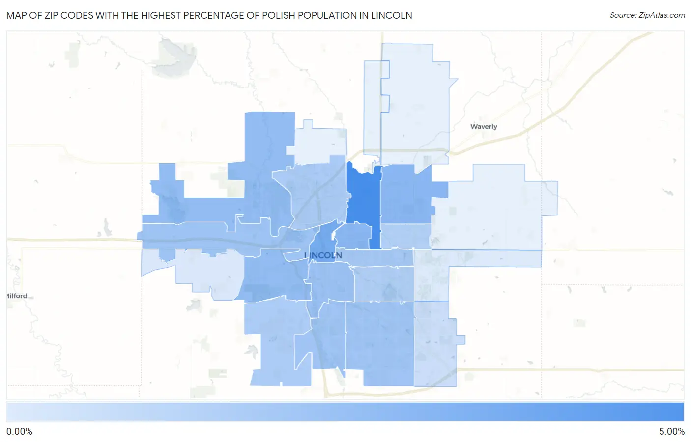 Zip Codes with the Highest Percentage of Polish Population in Lincoln Map