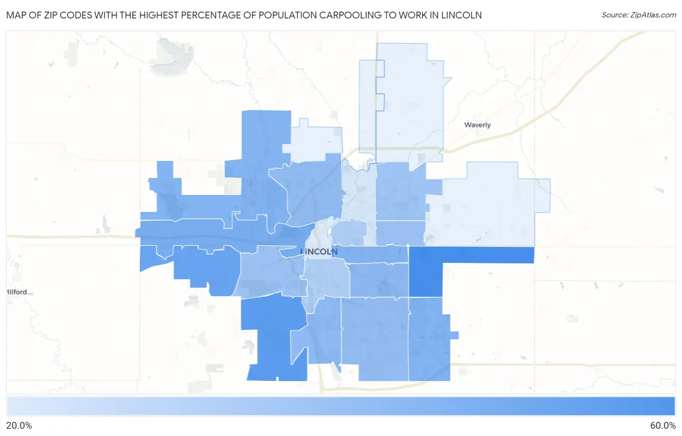 Zip Codes with the Highest Percentage of Population Carpooling to Work in Lincoln Map