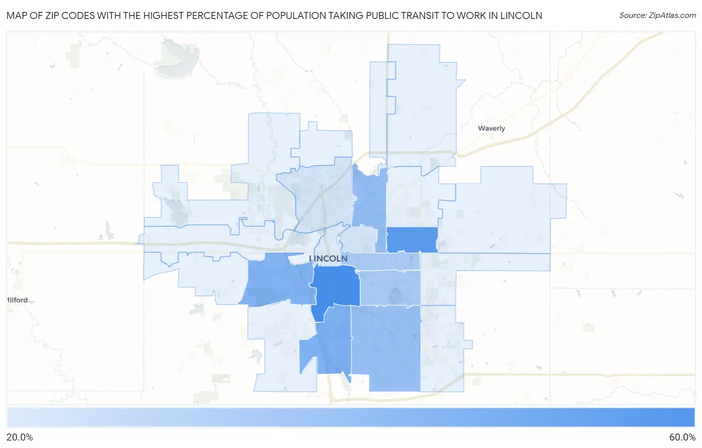 Zip Codes with the Highest Percentage of Population Taking Public Transit to Work in Lincoln Map