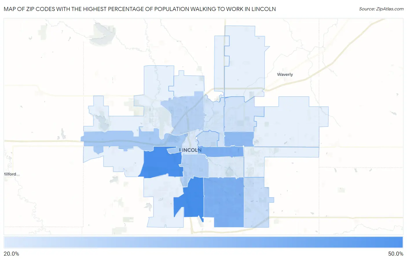 Zip Codes with the Highest Percentage of Population Walking to Work in Lincoln Map