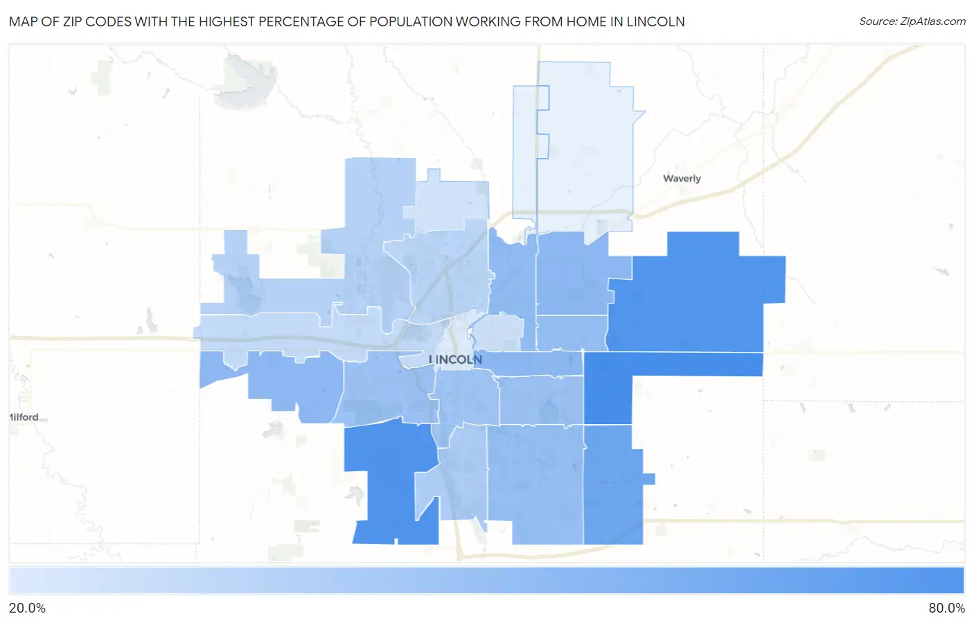 Zip Codes with the Highest Percentage of Population Working from Home in Lincoln Map