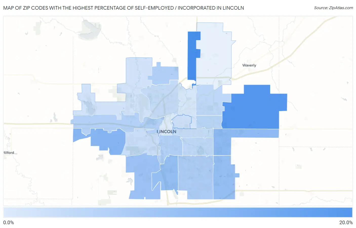 Zip Codes with the Highest Percentage of Self-Employed / Incorporated in Lincoln Map