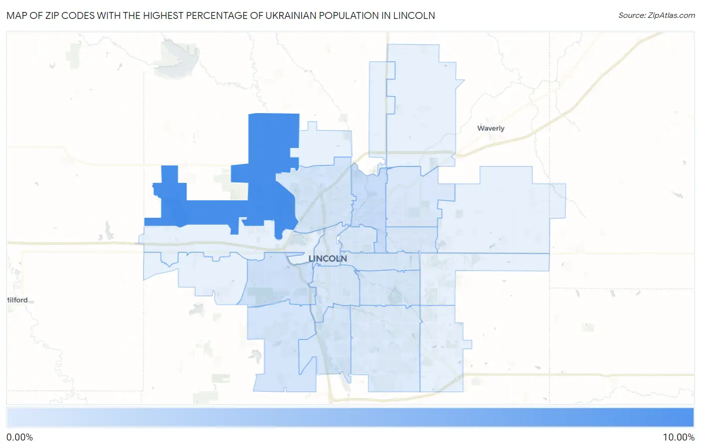 Zip Codes with the Highest Percentage of Ukrainian Population in Lincoln Map