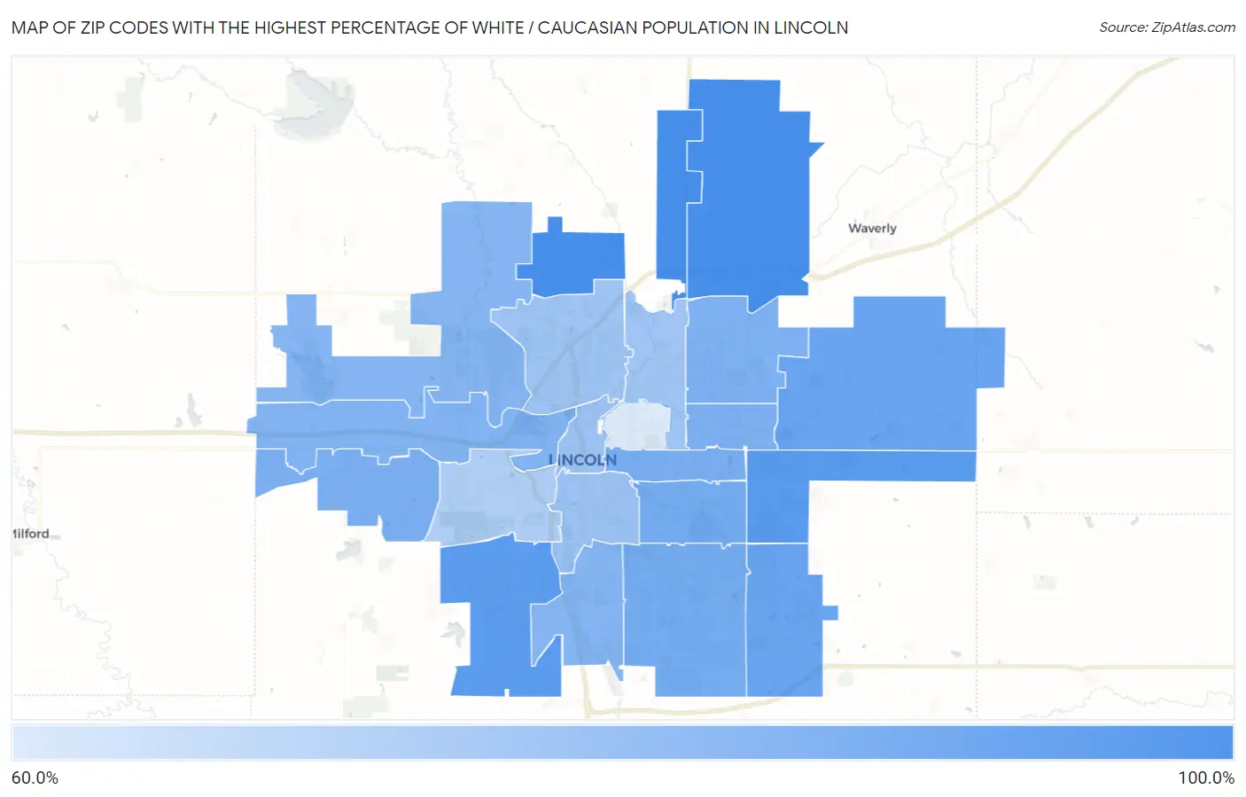 Zip Codes with the Highest Percentage of White / Caucasian Population in Lincoln Map