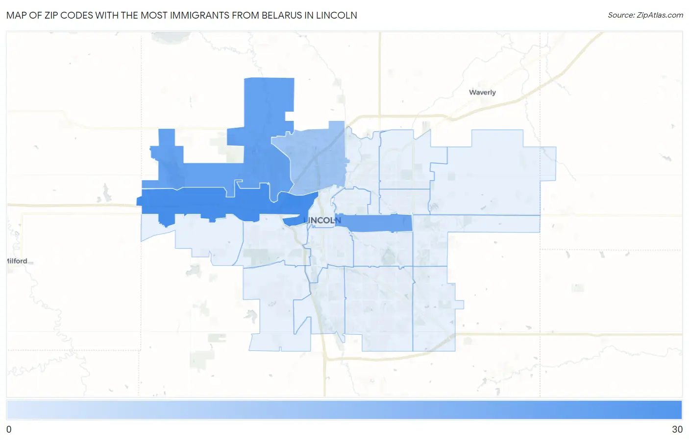Zip Codes with the Most Immigrants from Belarus in Lincoln Map