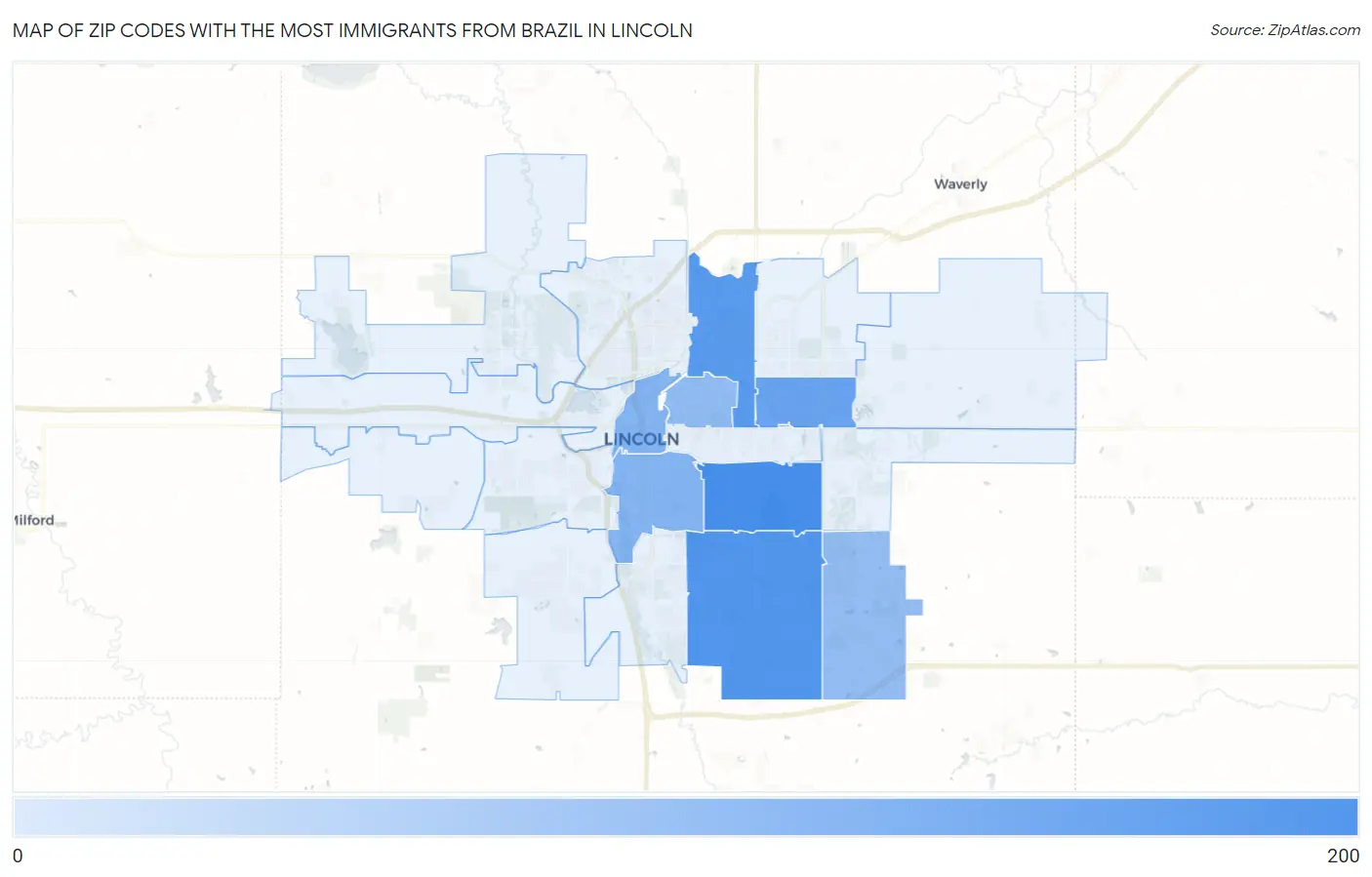 Zip Codes with the Most Immigrants from Brazil in Lincoln Map