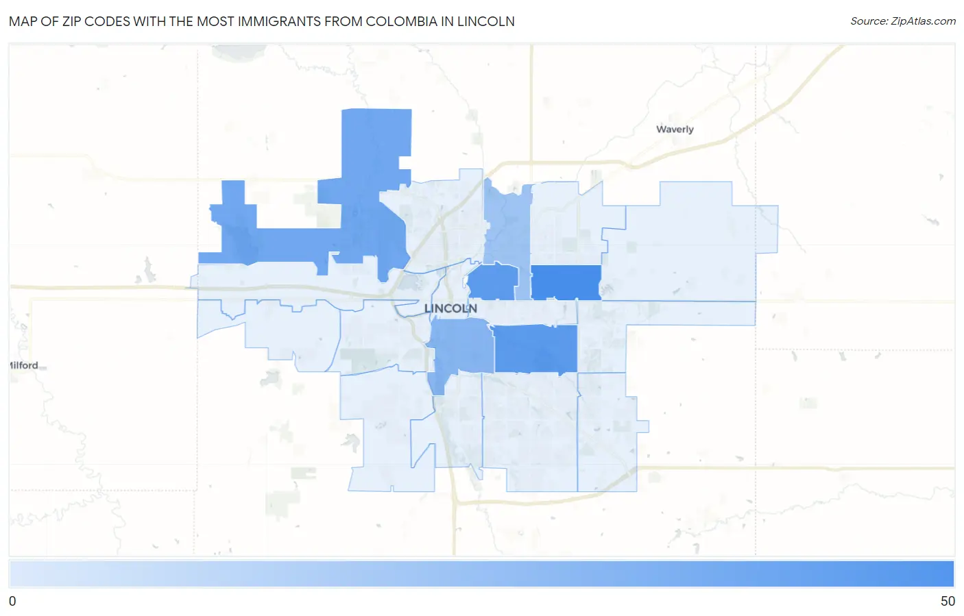 Zip Codes with the Most Immigrants from Colombia in Lincoln Map