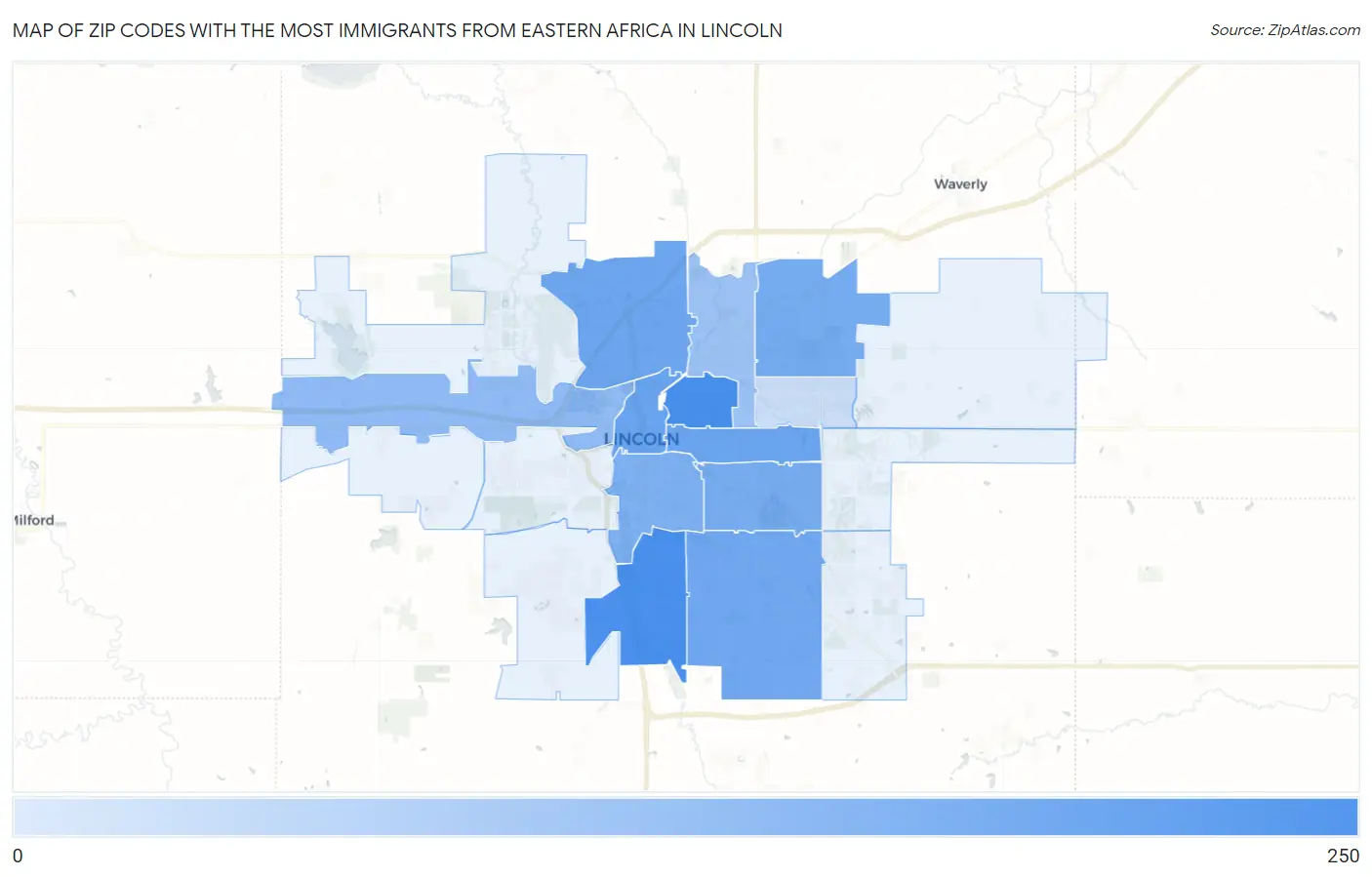 Zip Codes with the Most Immigrants from Eastern Africa in Lincoln Map