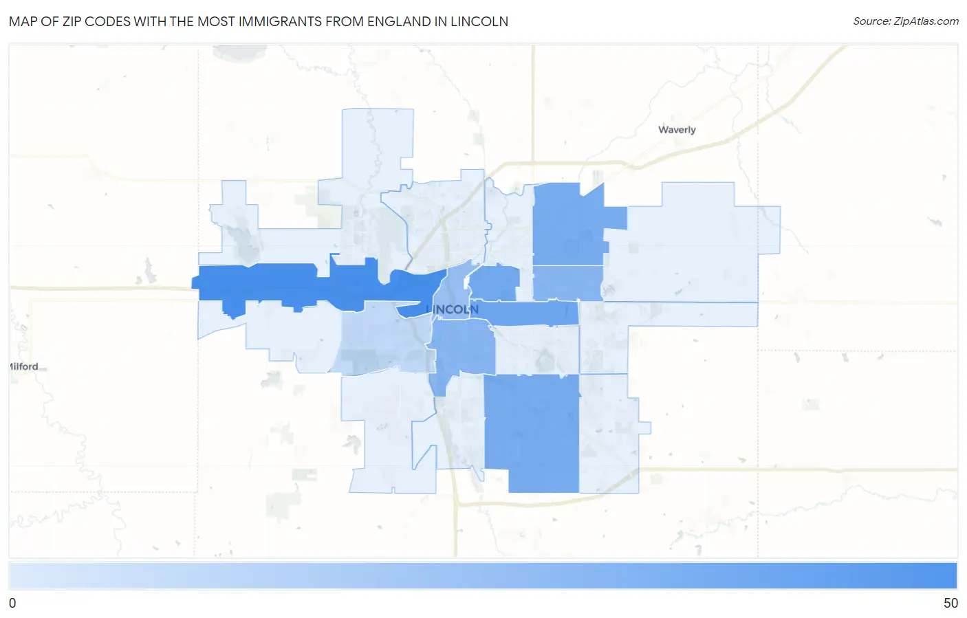 Zip Codes with the Most Immigrants from England in Lincoln Map