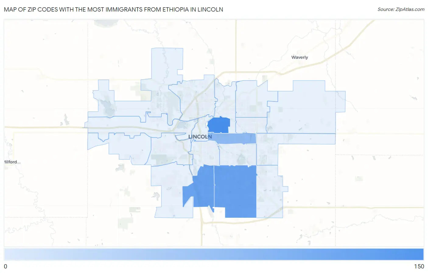Zip Codes with the Most Immigrants from Ethiopia in Lincoln Map